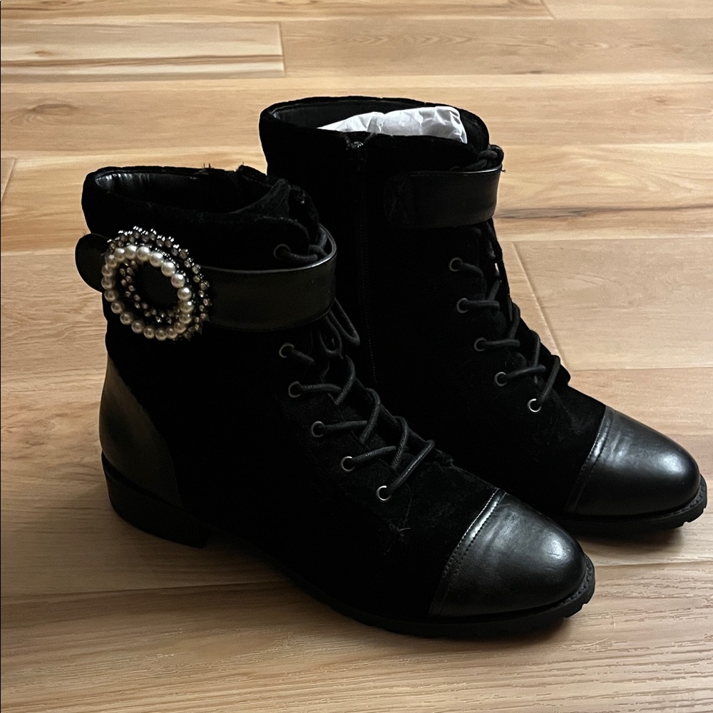 White House Black Market Black Lace Up Boots with Pearl Buckle